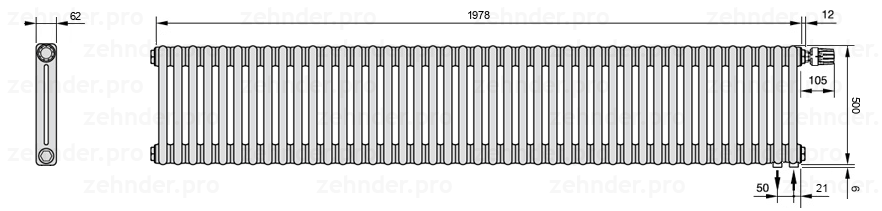 Схема (чертеж) Радиатор Zehnder Charleston 2050/43 №V002 Белый глянцевый RAL 9016
